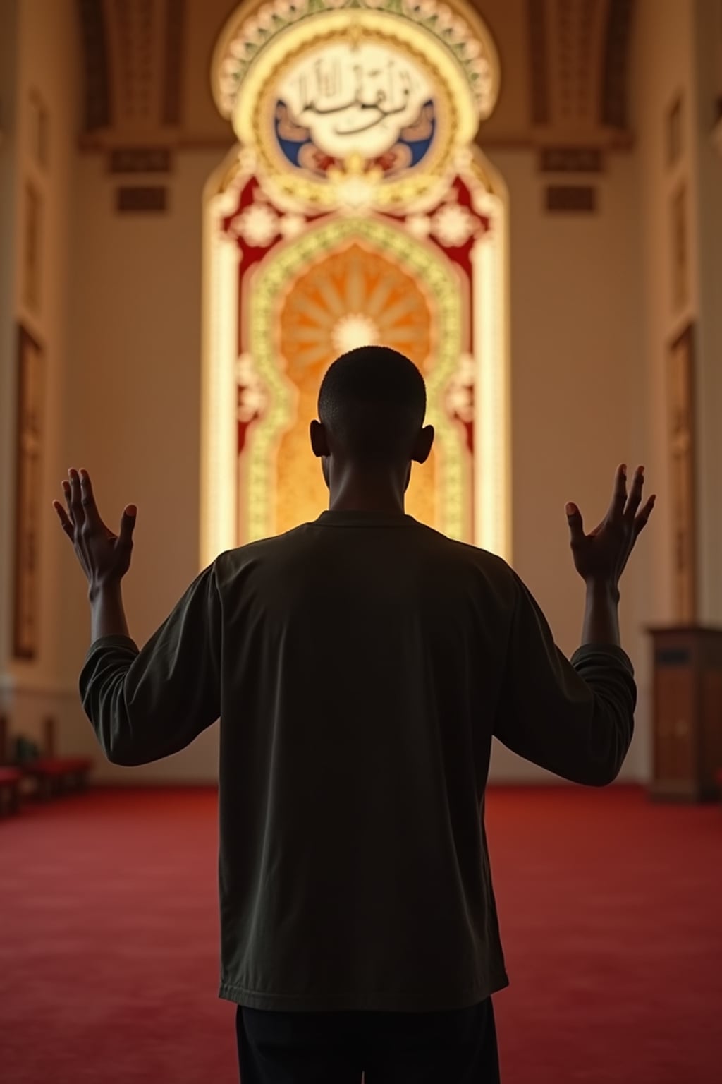 a man with  hands raised in dua prayer, standing out in a beautifully decorated prayer space with soft lighting and Islamic calligraphy