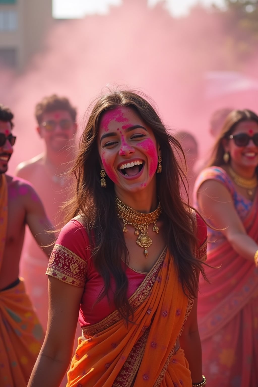 a woman in traditional Indian attire splashed with Holi colors, dancing with a group of friends , capturing the energetic and playful atmosphere of the festival