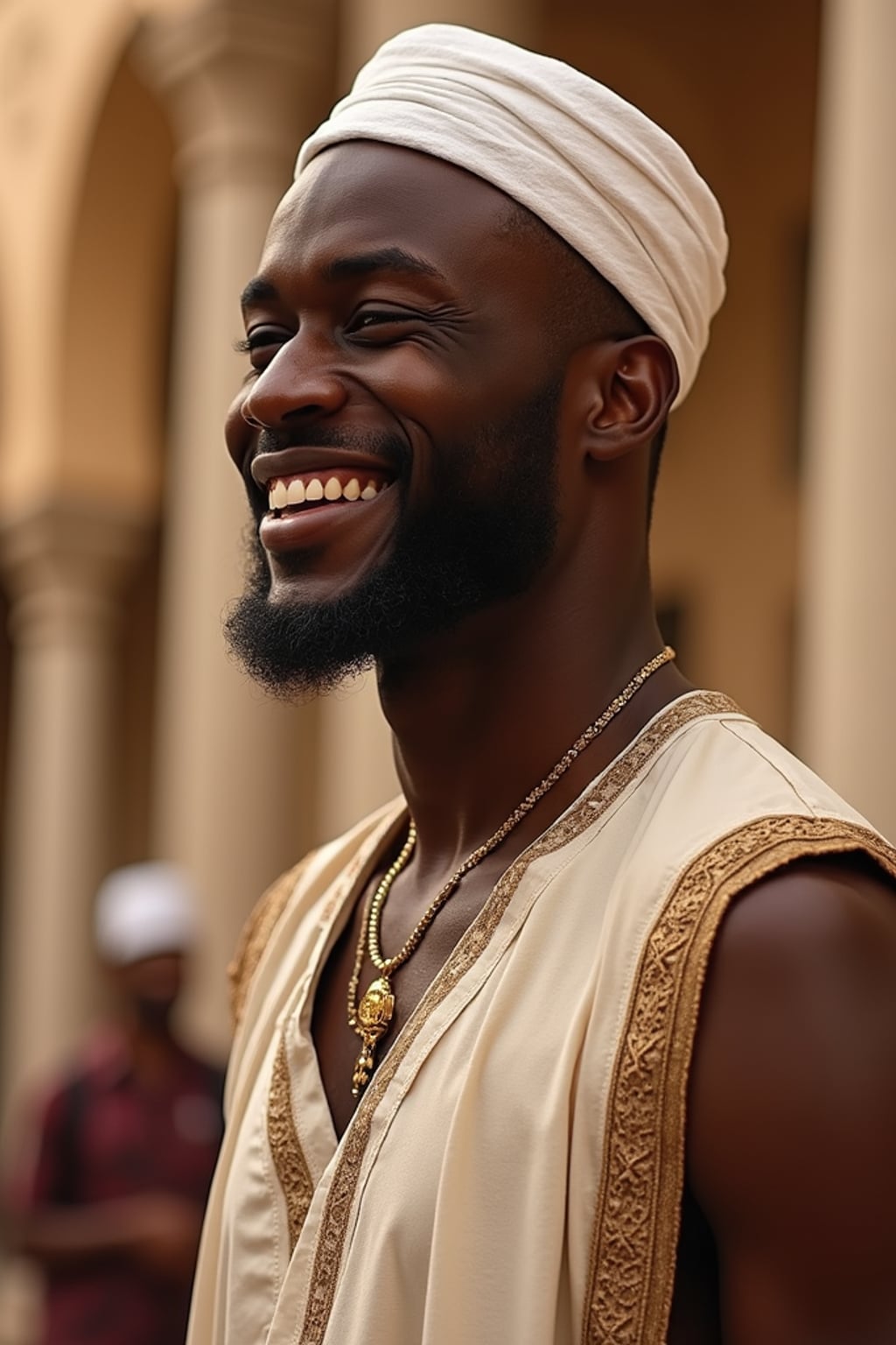a stunning man in  traditional Eid attire, embodying the joy and gratitude at the culmination of Ramadan