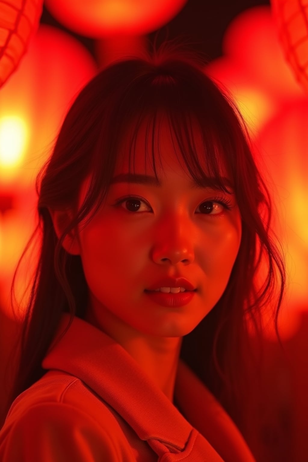 a woman with face illuminated by the warm glow of red lanterns , capturing the excitement that defines this important cultural celebration