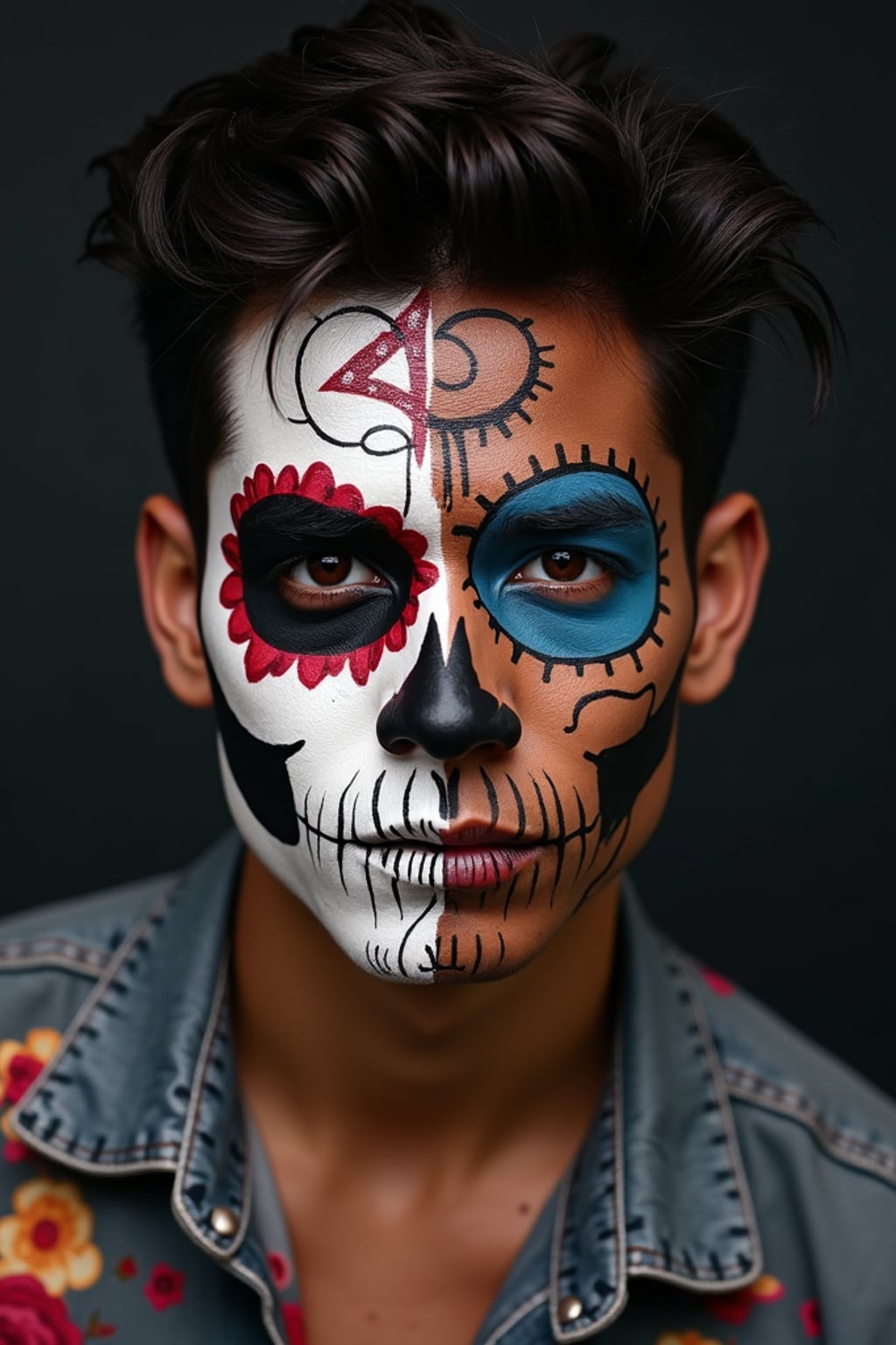 a man with  face with elegant sugar skull painting, capturing the duality of life and death that defines this important cultural celebration