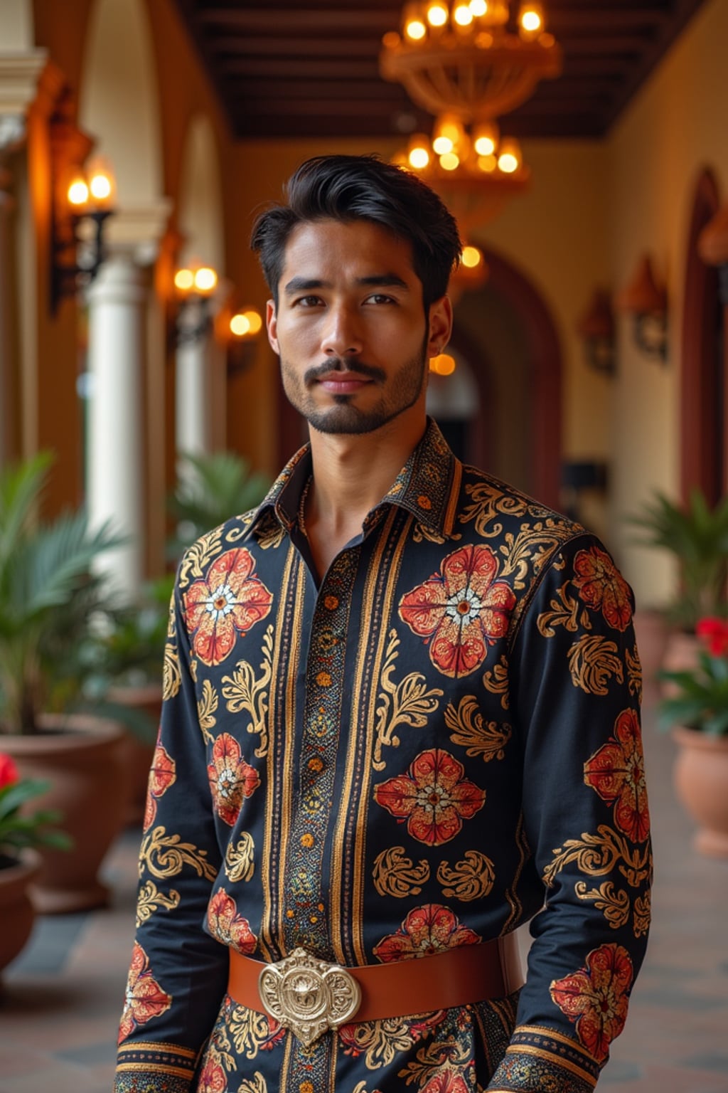 a stunning man in  contemporary fashion with traditional Mexican touches, capturing their festive look against a backdrop of altars and memorial decorations