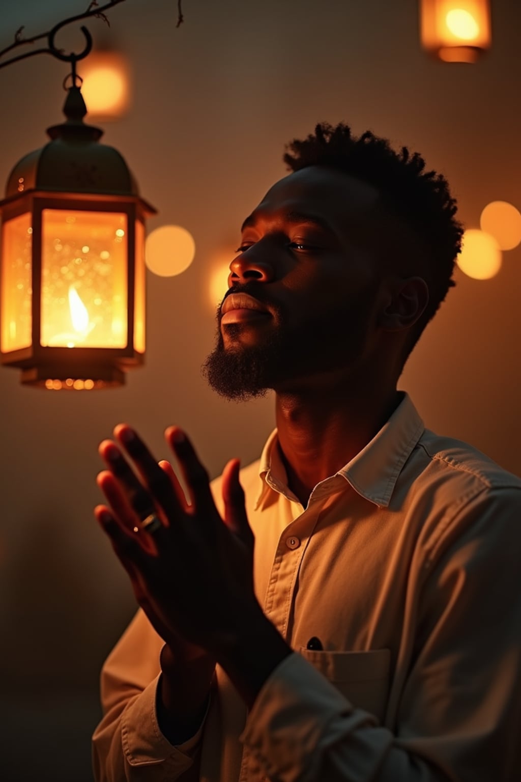 a man enjoying the Ramadan atmosphere, with  hands raised in prayer under soft lantern light, radiating peace and spirituality