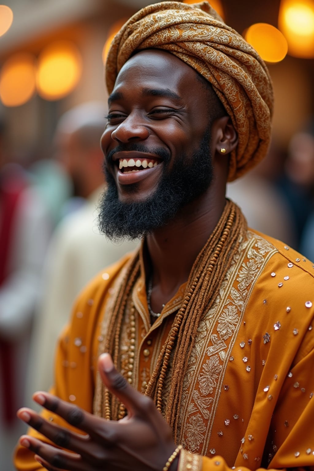 a man in  traditional Eid clothes, capturing their joyful energy during the end of Ramadan celebrations, with henna designs and festive decorations