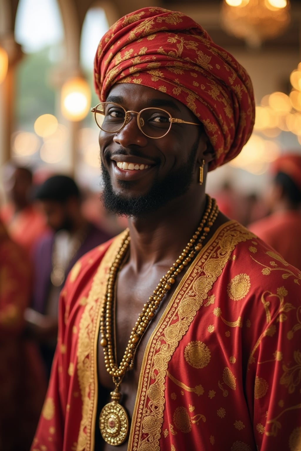 a man in  traditional Eid clothes, capturing their joyful energy during the end of Ramadan celebrations, with henna designs and festive decorations
