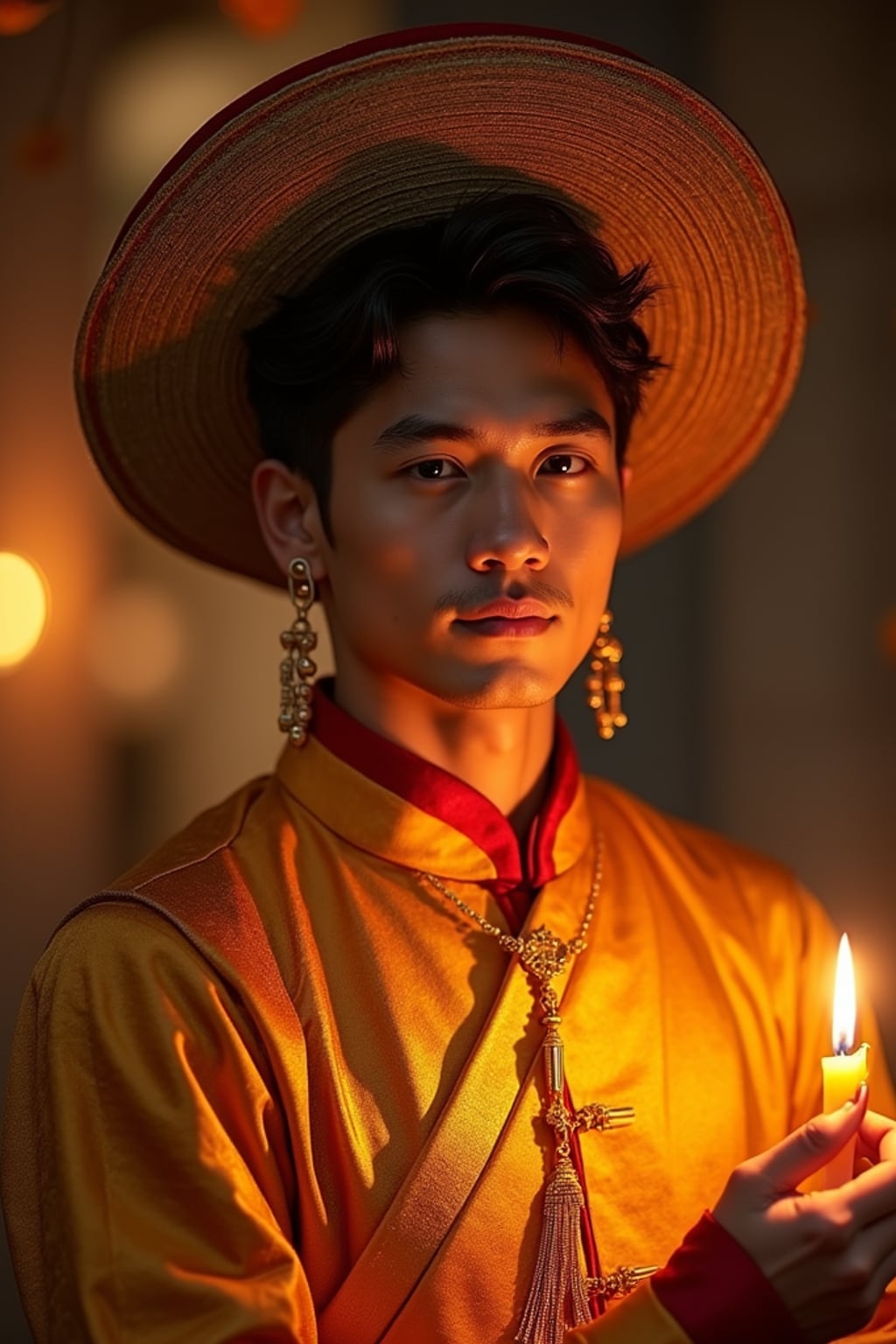 a man in  an elegant Catrín outfit with traditional hat, striking a pose with beautiful marigold petals and candlelight casting warm patterns