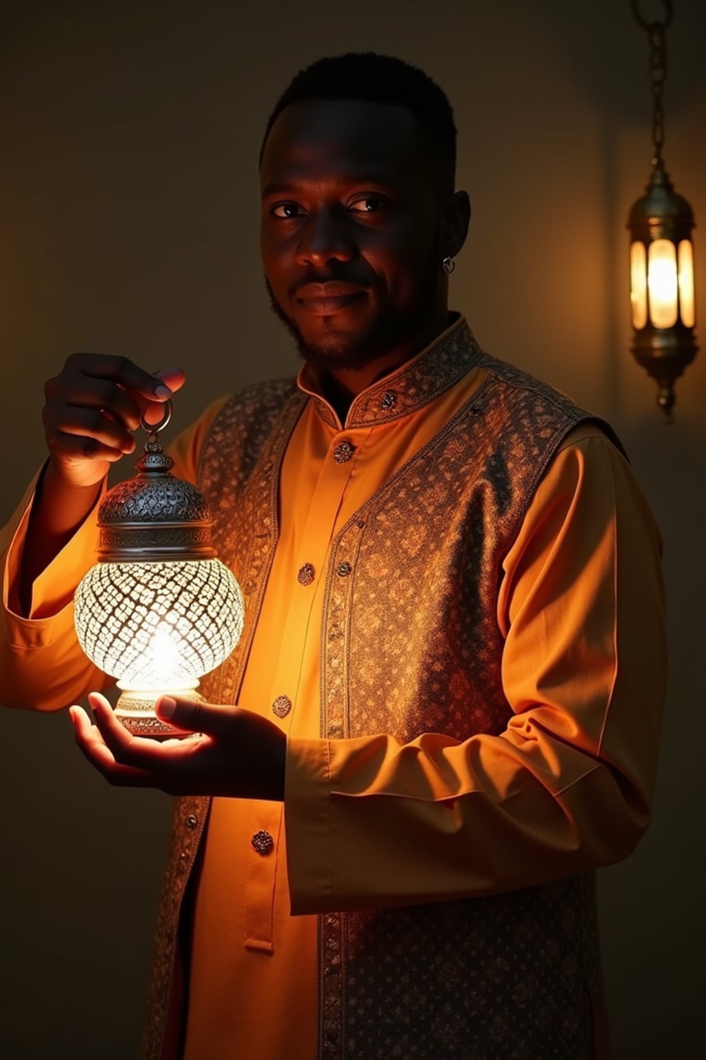 a man in  a festive kurta with traditional vest, striking a pose with a beautiful Ramadan lantern casting intricate light patterns