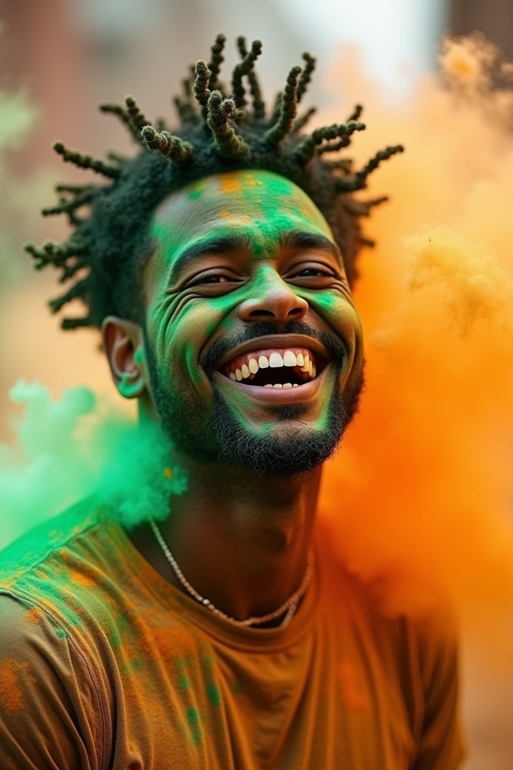 a man with  a joyful expression as green and orange powders are thrown at them, adding a magical quality to their festival look, with colored powder explosions visible in the background