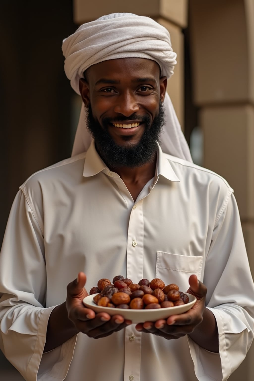 a man in traditional attire during Ramadan, sharing  dates and food with guests, capturing the generous and community spirit of the holy month