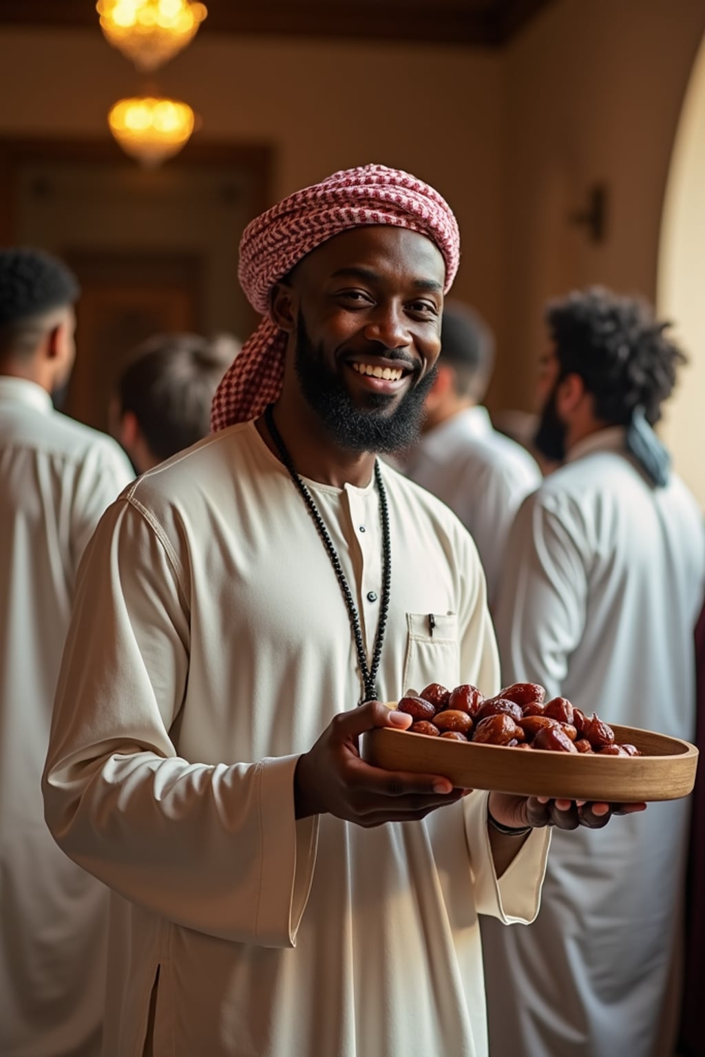a man in traditional attire during Ramadan, sharing  dates and food with guests, capturing the generous and community spirit of the holy month