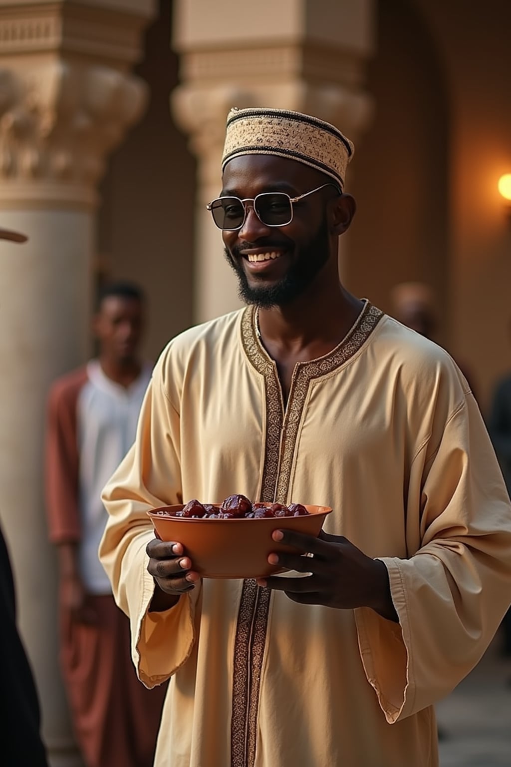 a man in traditional attire during Ramadan, sharing  dates and food with guests, capturing the generous and community spirit of the holy month