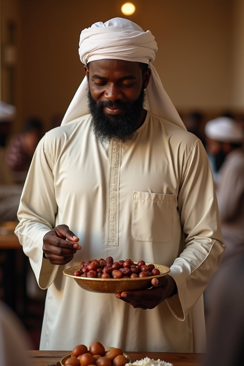 a man in traditional attire during Ramadan, sharing  dates and food with guests, capturing the generous and community spirit of the holy month