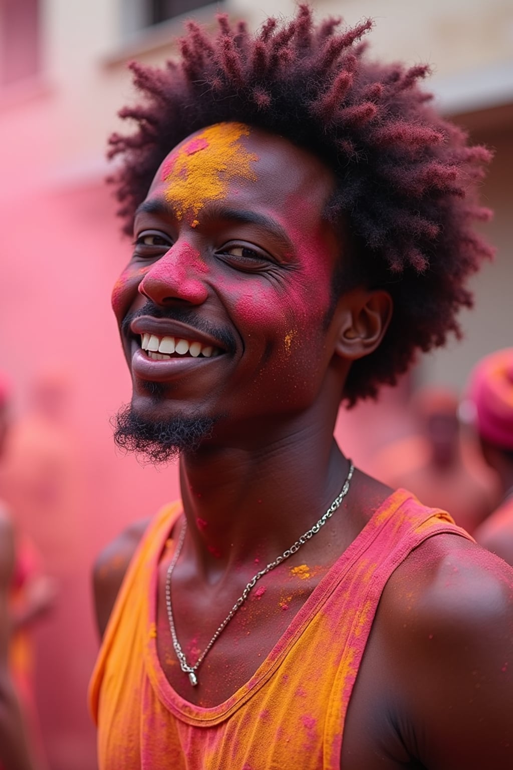 a man in  simple clothes now completely transformed by festival powders, embodying the playful culture of Holi where everyone becomes a canvas
