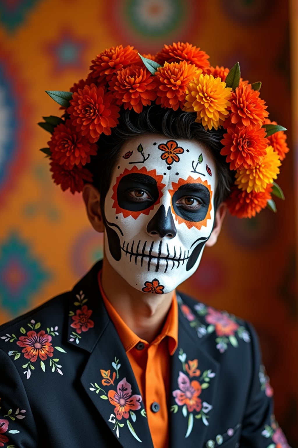 a stunning man with  face painted as a traditional sugar skull with bold patterns, capturing the essence of Día de los Muertos in a room decorated with papel picado and marigold flowers