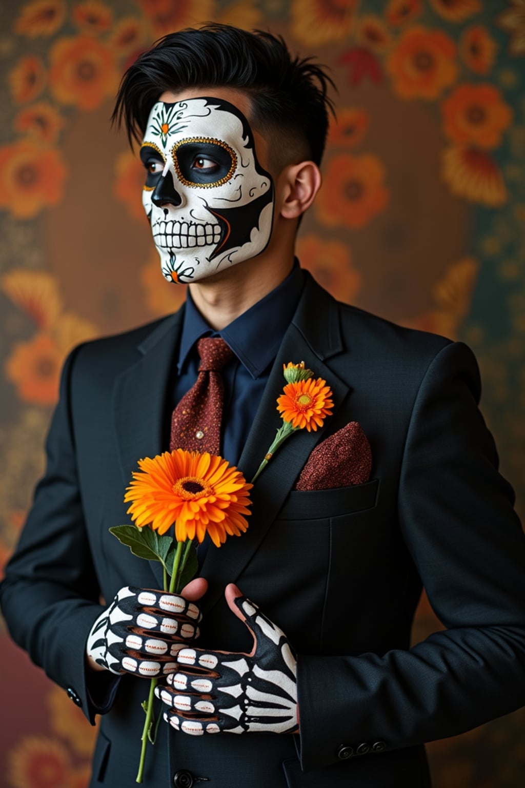 a man in  a crisp dark suit with traditional Mexican details, embodying the joyful and spiritual nature of Day of the Dead, with a sugar skull or marigold in hand