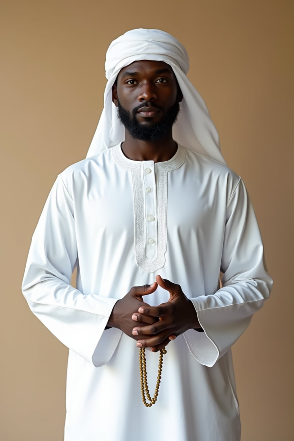 a man in  a crisp white thobe with subtle embellishments, embodying the peaceful and reflective nature of Ramadan, with prayer beads in hand