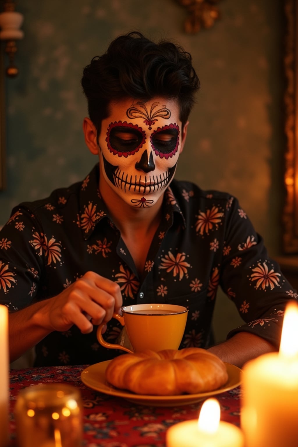 an incredibly attractive man during Día de los Muertos celebrations, surrounded by glowing candles and ofrendas, enjoying traditional pan de muerto and Mexican hot chocolate on a beautifully decorated altar