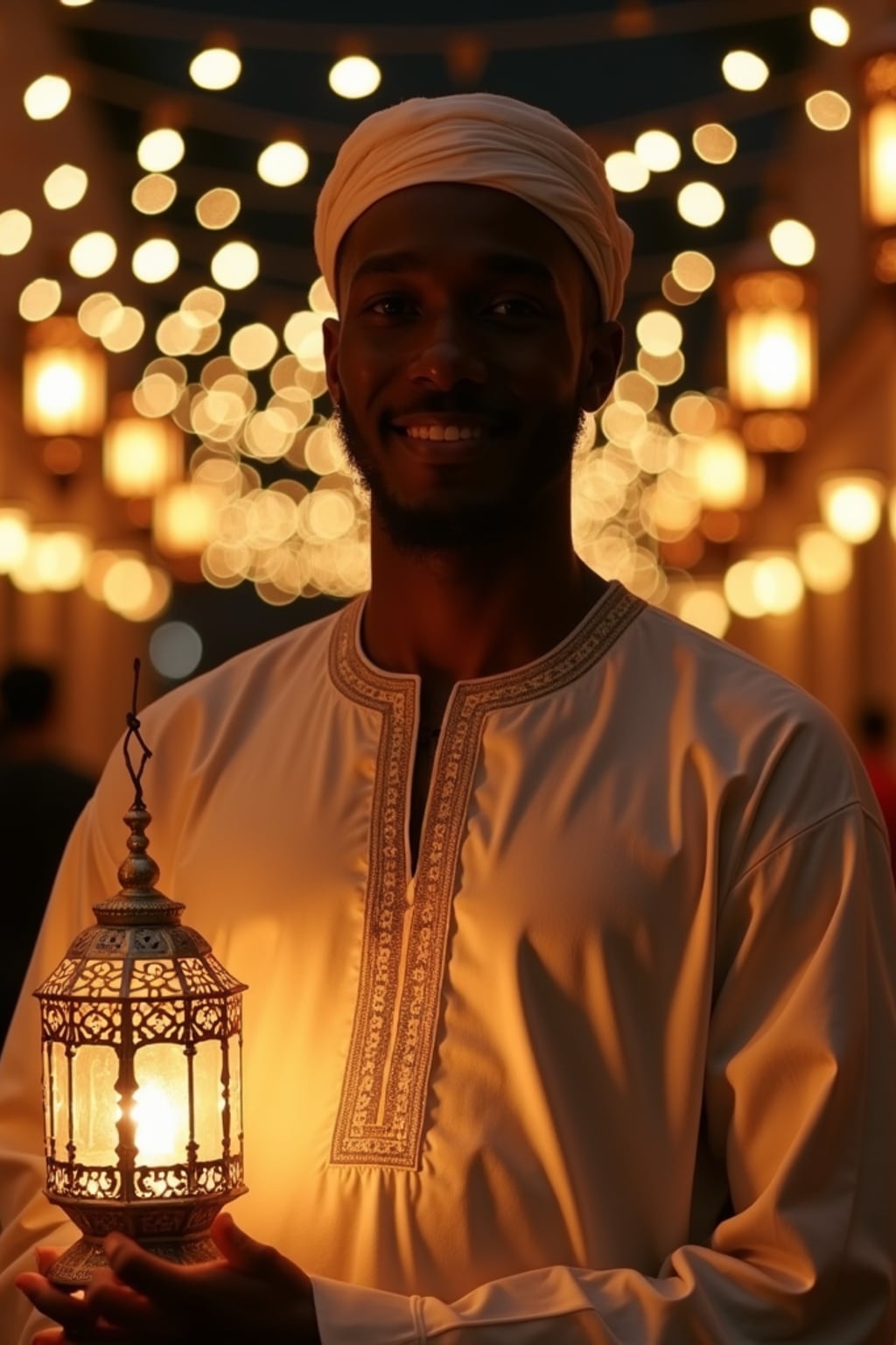 a stunning man celebrating Ramadan, surrounded by traditional lanterns and fairy lights, wearing  a traditional thobe or kurta, with crescent moon decorations in the background