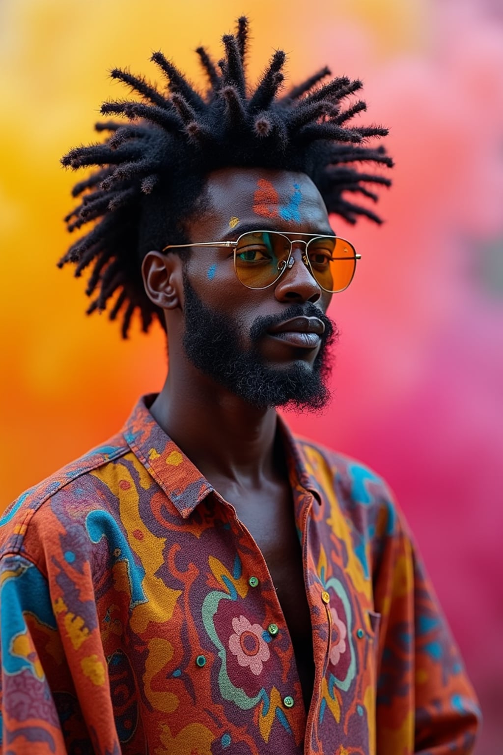 a stunning man in  traditional clothes now painted with festival colors, capturing their eclectic and vibrant look against a backdrop of color explosions