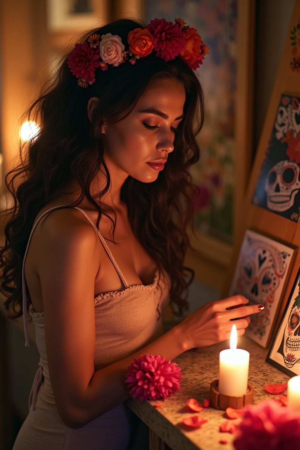a woman with a serene expression while placing photos on an altar , adding a meaningful quality to their celebration, with sugar skulls and papel picado visible in the background