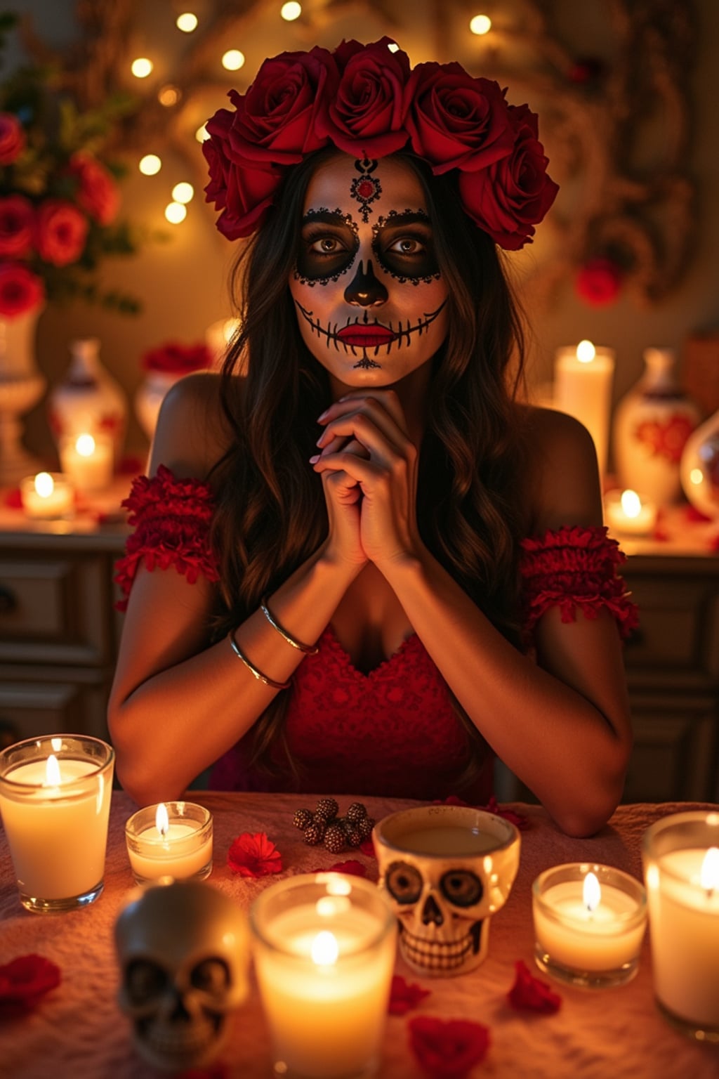 a stunning woman surrounded by beautiful altar decorations and candles , capturing the sense of remembrance and family connection during Día de los Muertos