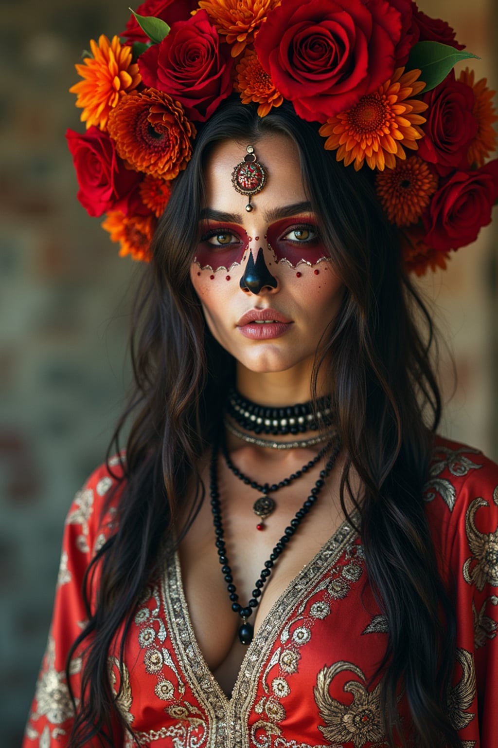 a woman in a traditional outfit with modern fashion elements , embodying the balance of tradition and contemporary life during Day of the Dead