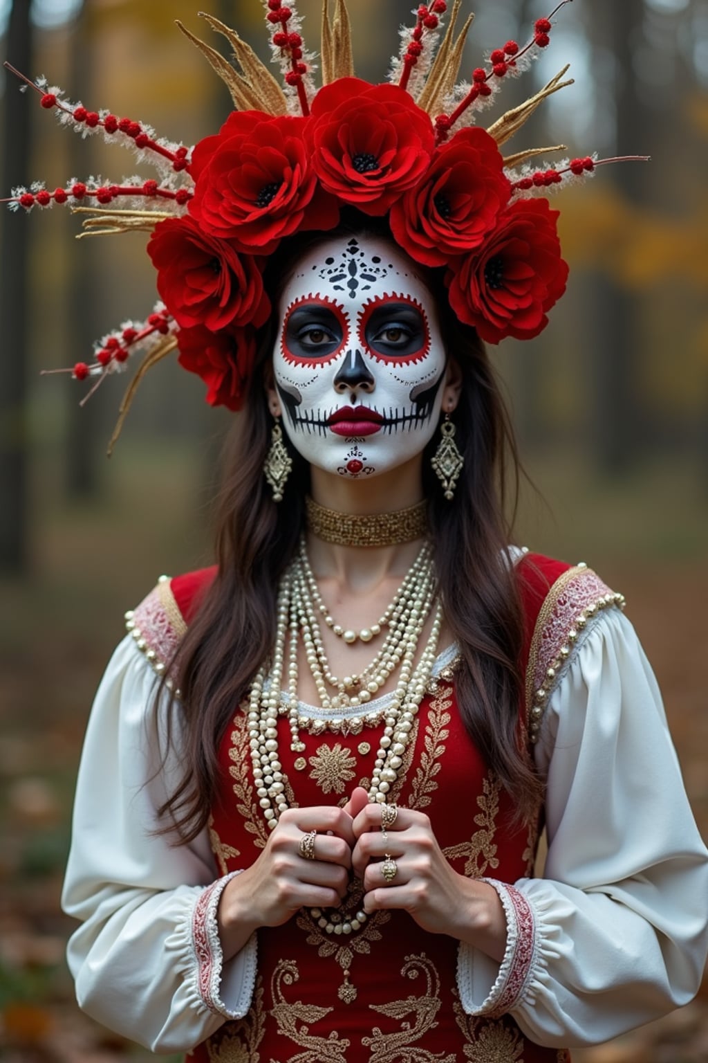 a woman in a traditional outfit with modern fashion elements , embodying the balance of tradition and contemporary life during Day of the Dead