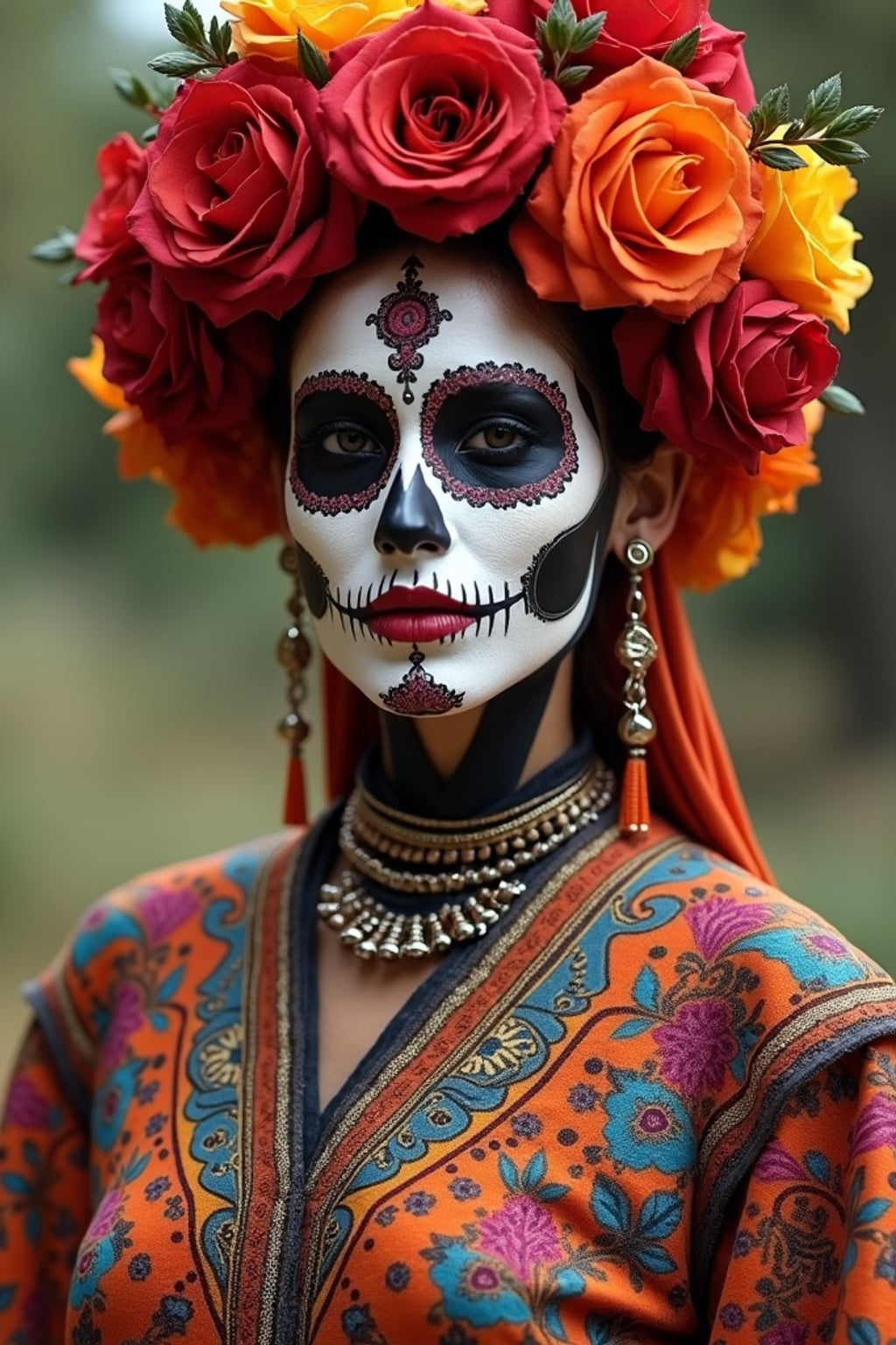 a woman in a traditional outfit with modern fashion elements , embodying the balance of tradition and contemporary life during Day of the Dead