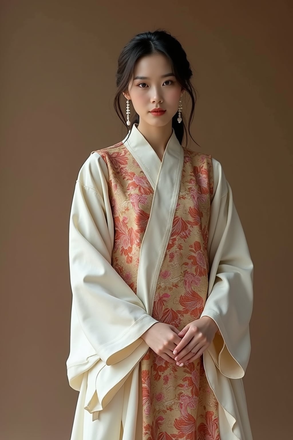 a woman in a traditional outfit with modern modest fashion elements , embodying the balance of tradition and contemporary life during Ramadan