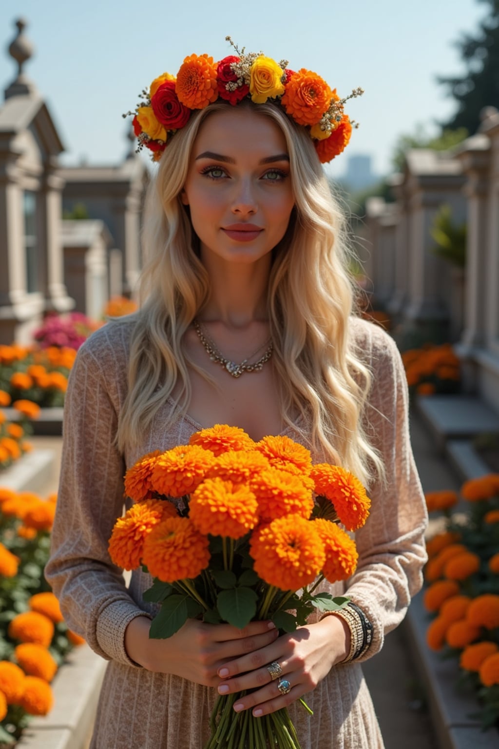 a woman with hands holding traditional marigold flowers , standing out in a beautifully decorated cemetery with colorful graves and offerings