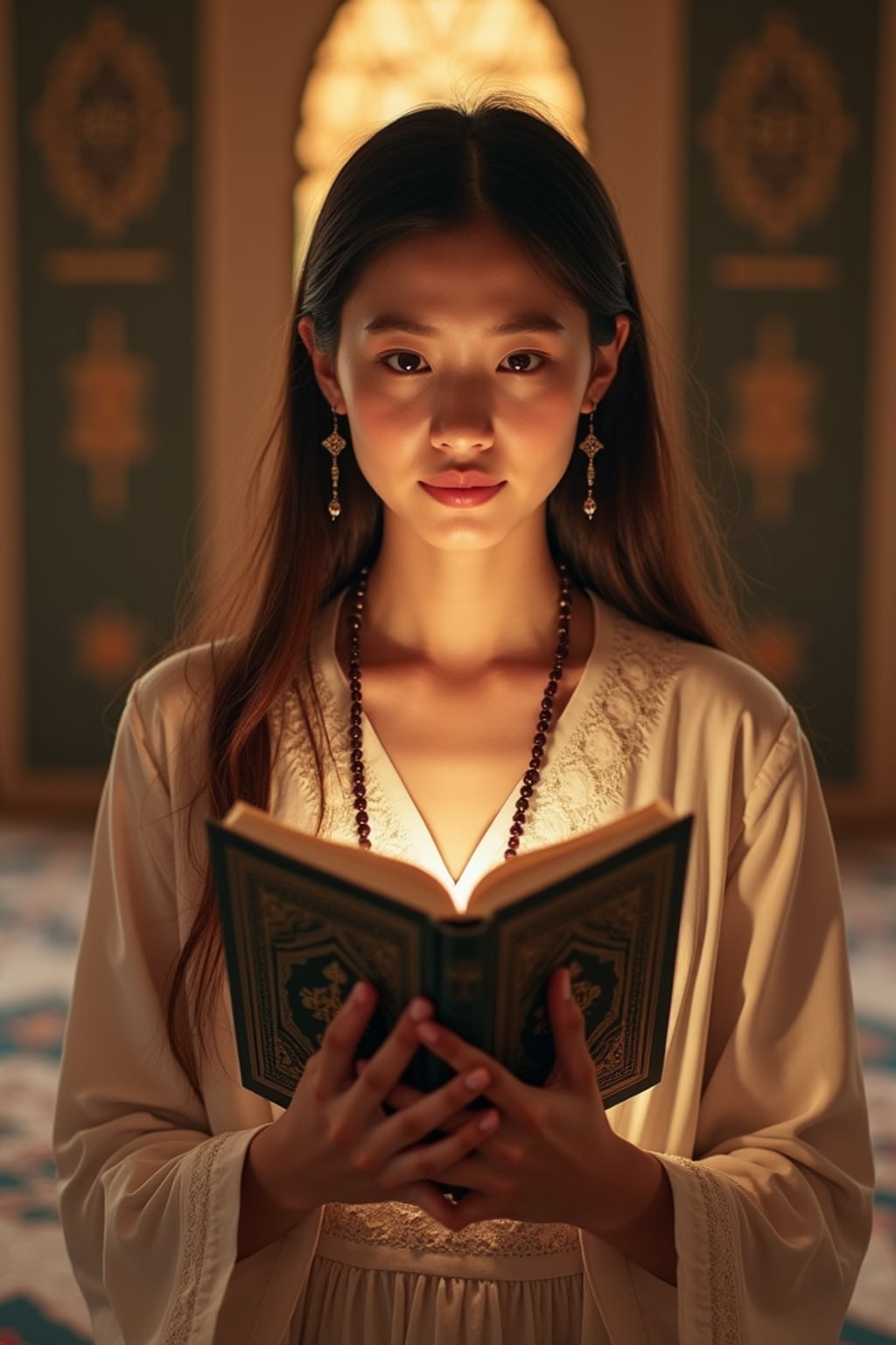 a woman with hands holding a Quran and prayer beads , standing out in a beautifully decorated prayer space with soft lighting and Islamic calligraphy