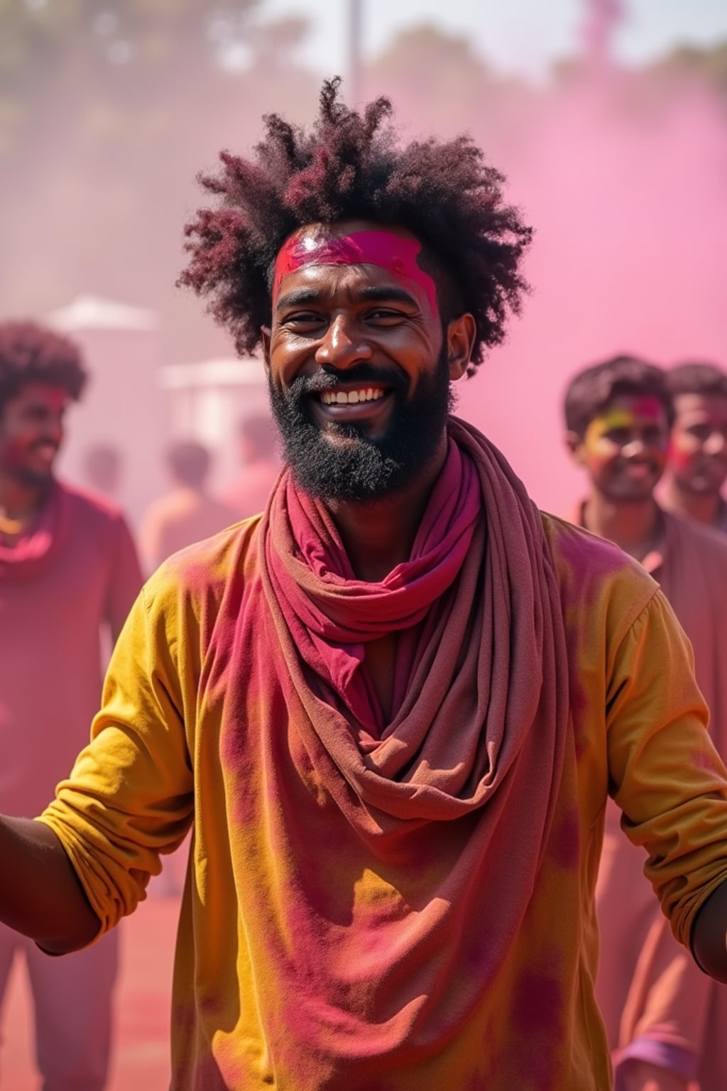 a man in traditional Indian attire splashed with Holi colors, dancing with  fellow festival participants, capturing the energetic and playful atmosphere of the festival
