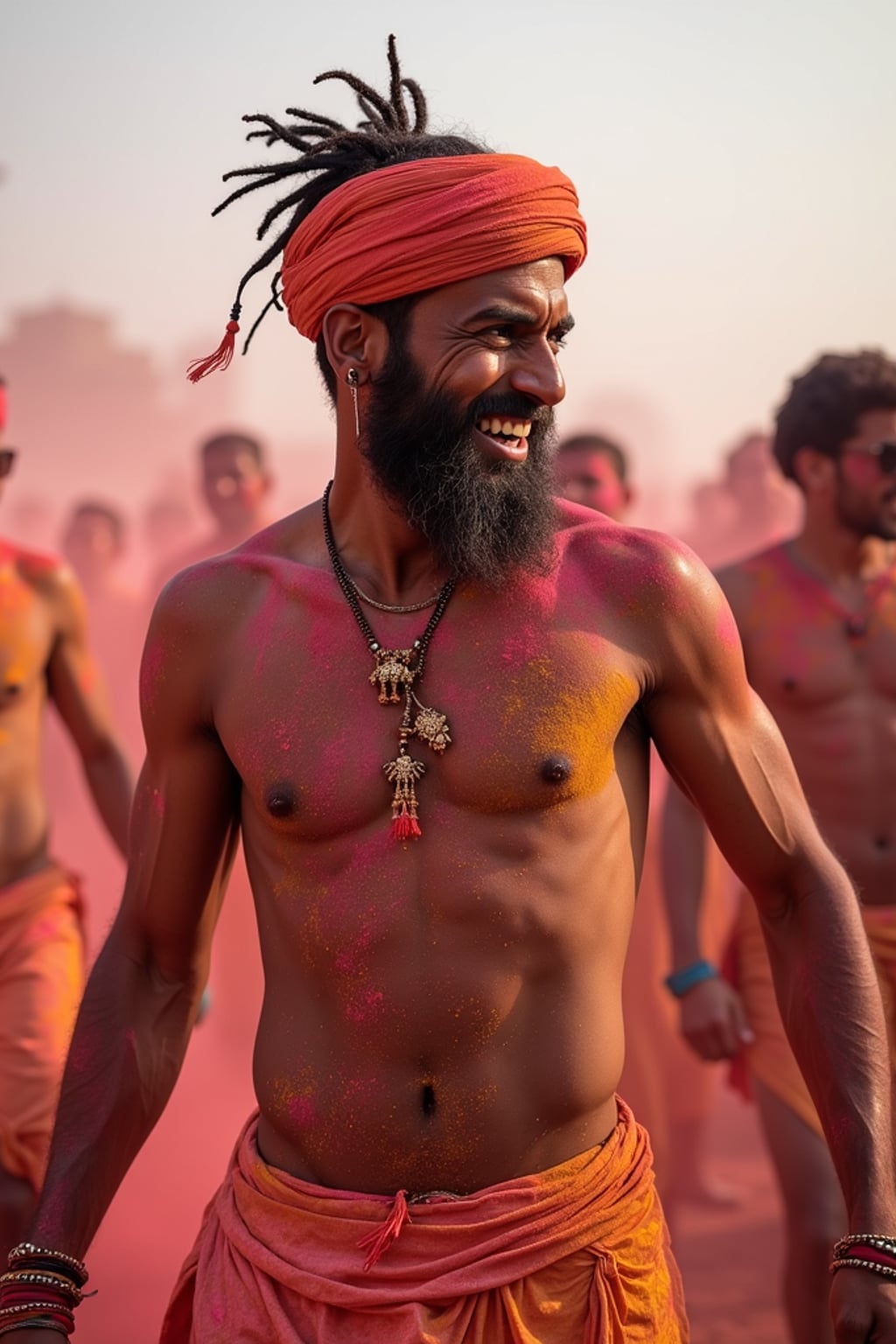 a man in traditional Indian attire splashed with Holi colors, dancing with  fellow festival participants, capturing the energetic and playful atmosphere of the festival