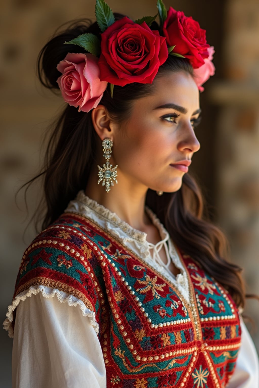 a stunning woman in a festive outfit with traditional Mexican embroidery , embodying the remembrance and celebration of ancestors