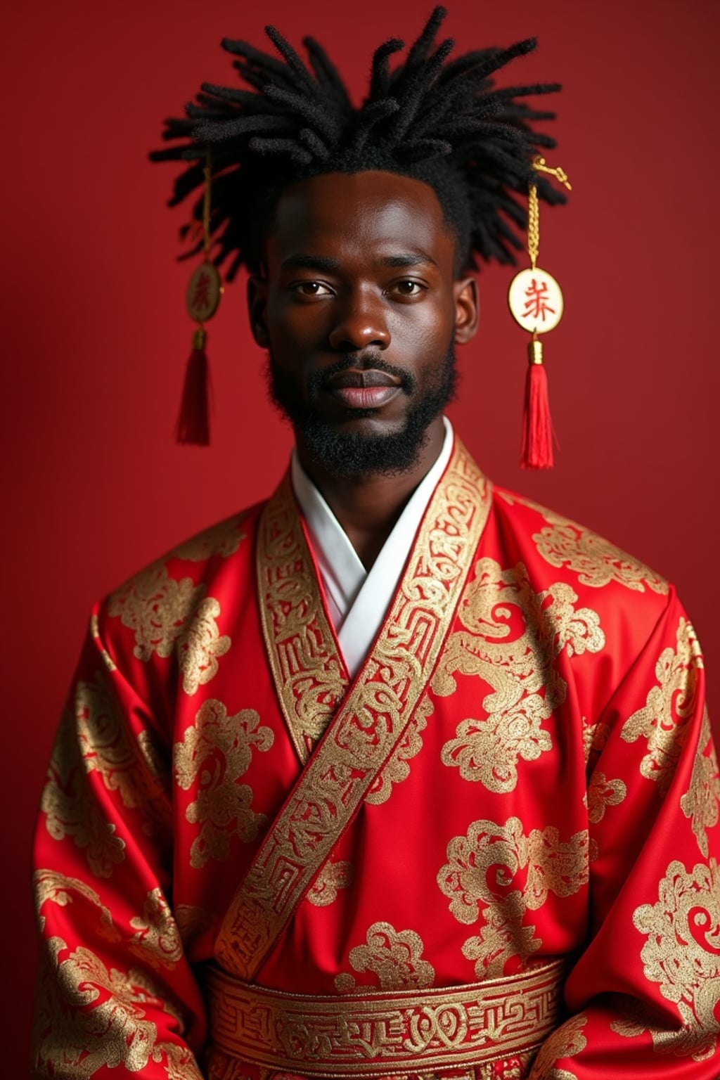 a stunning man in  traditional attire with prosperity symbols, embodying the hope and new beginnings of the Lunar Chinese New Year