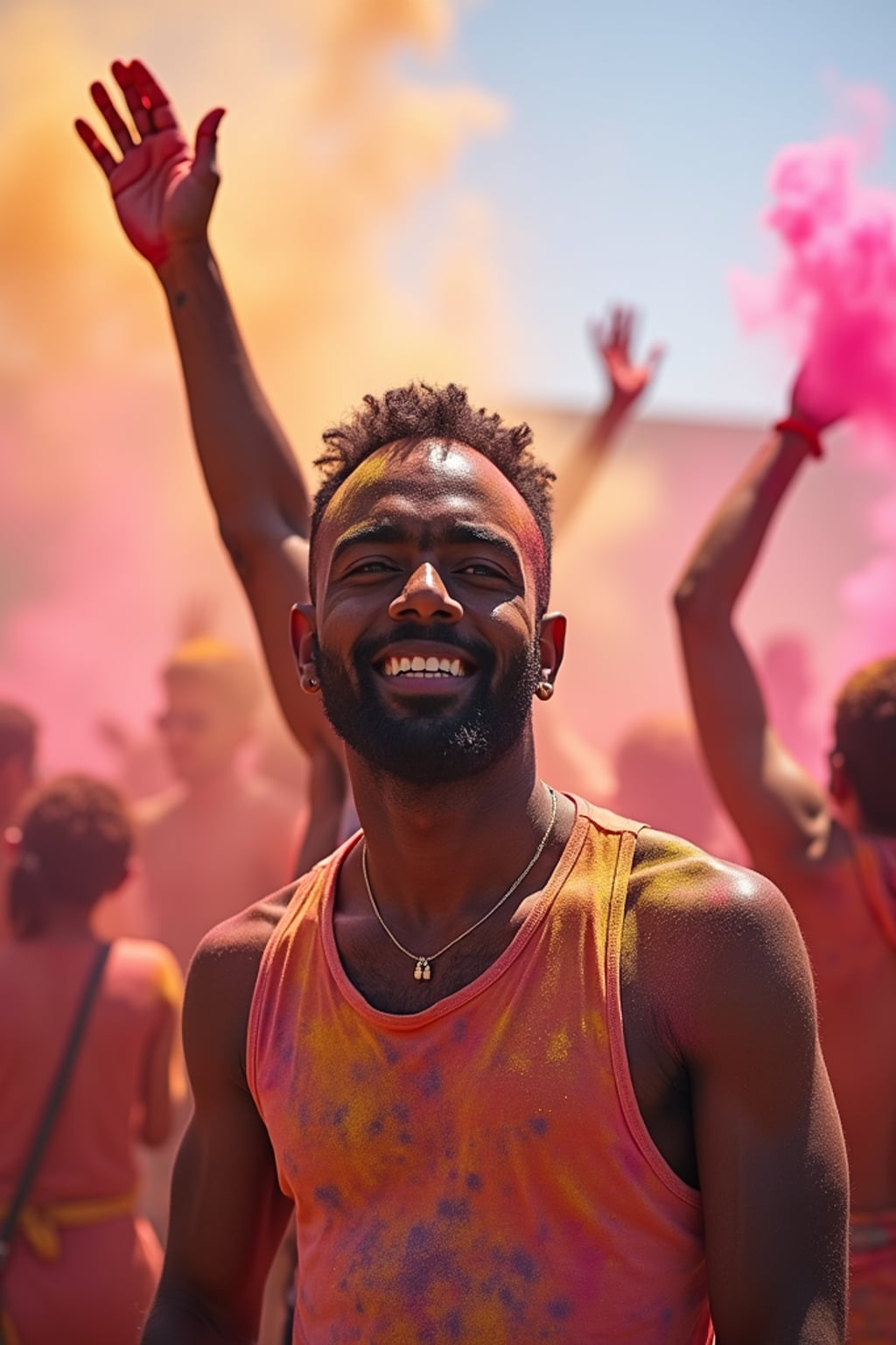 a man enjoying Holi festivities on a sunny day, surrounded by  people spraying colored water, raising their hands in celebration with multicolored powder clouds in the air
