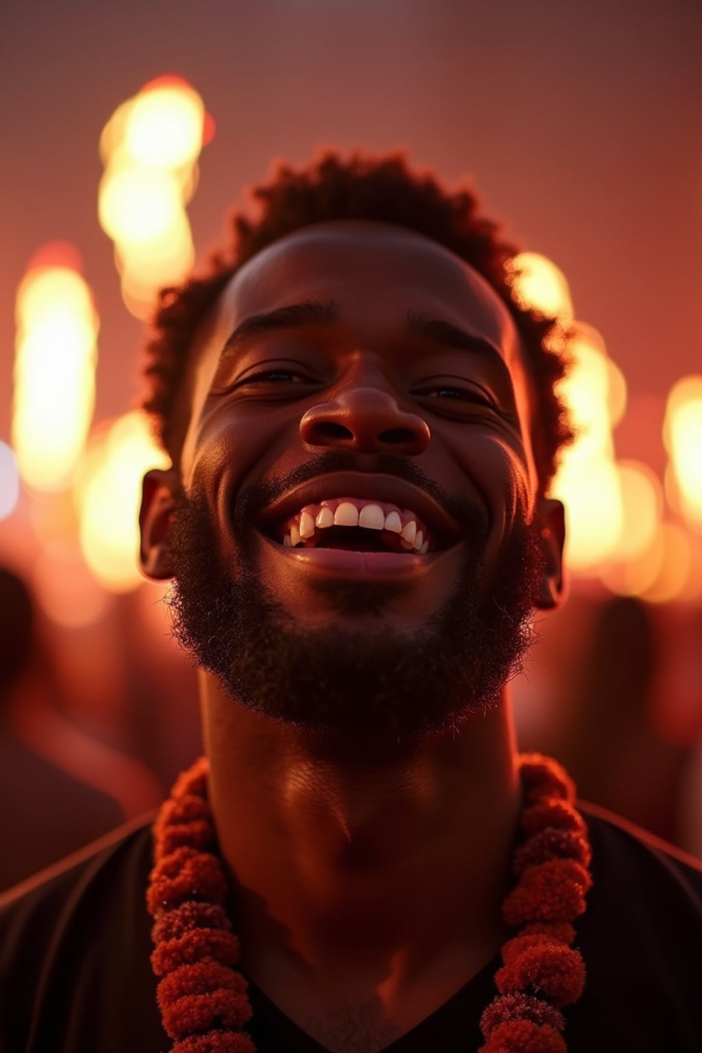 a man with  face with a joyful expression amid festival lights, capturing the excitement that defines this important cultural celebration