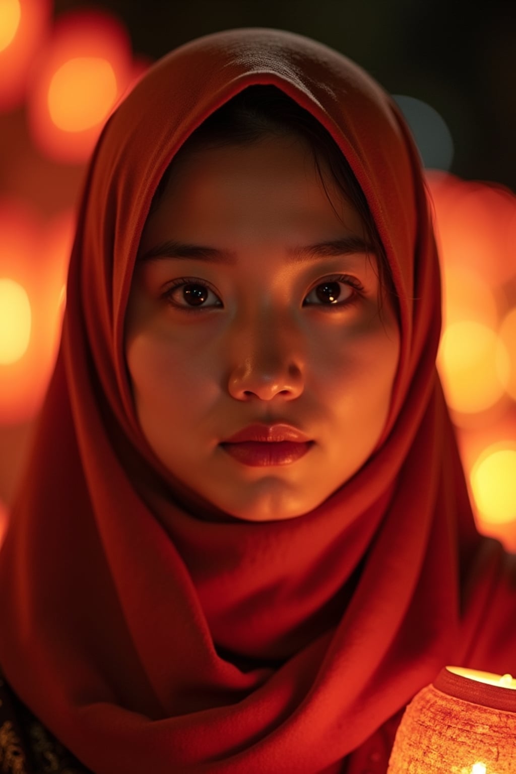 a woman with face framed by a beautiful hijab, illuminated by soft lantern light , capturing the spiritual reflection that defines this holy month