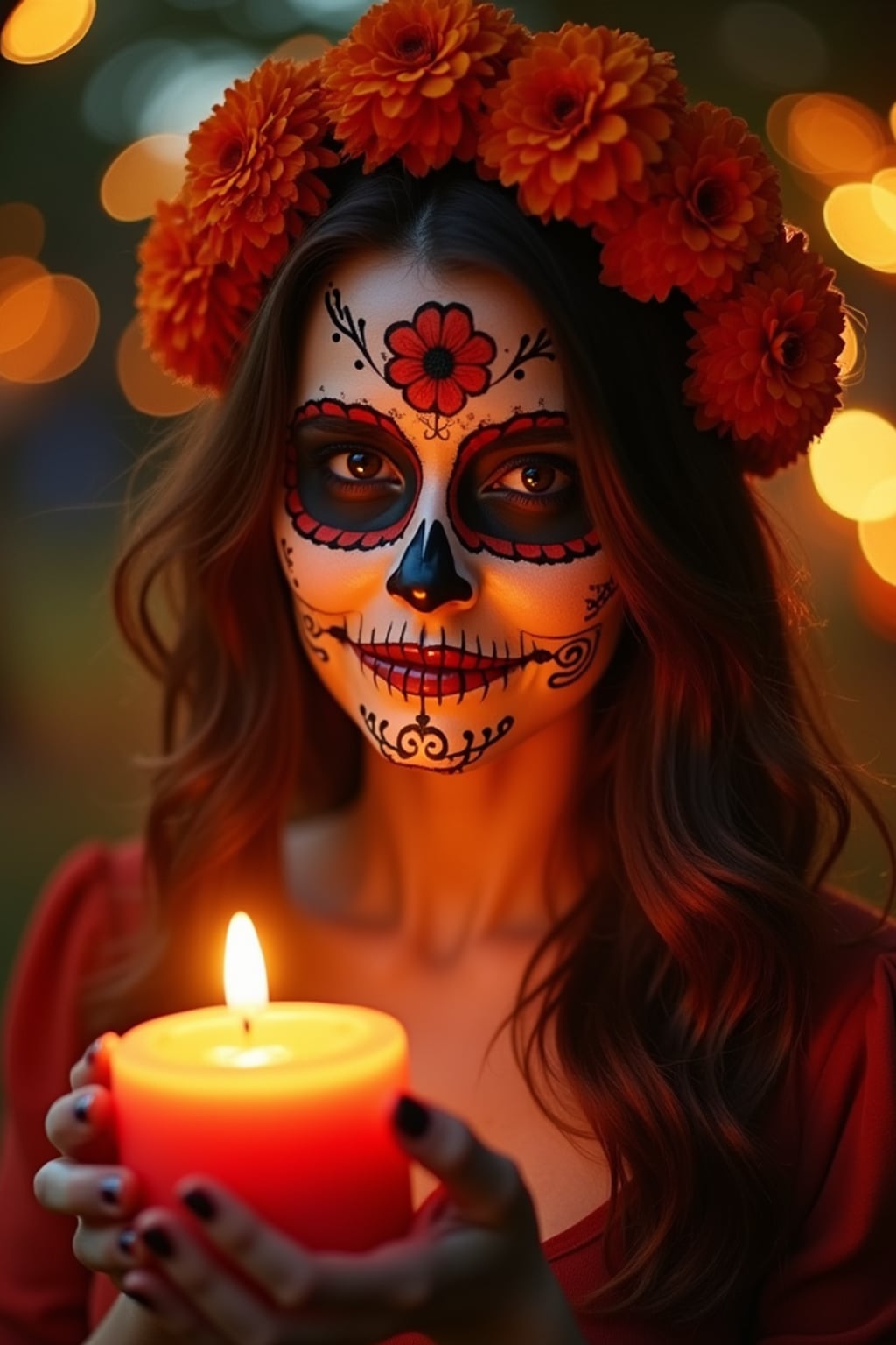 a woman enjoying the Día de los Muertos atmosphere, with hands holding marigold flowers or candles , radiating respect and celebration of life