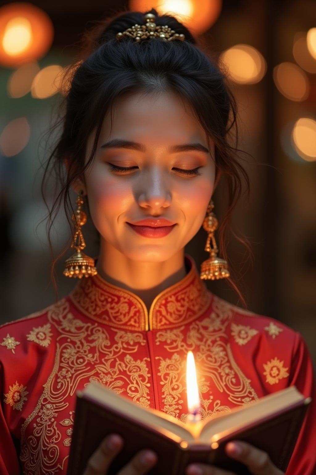 a woman enjoying the Ramadan atmosphere, with hands decorated with henna and holding a prayer book , radiating peace and spirituality