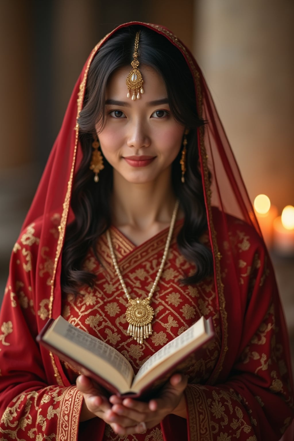 a woman enjoying the Ramadan atmosphere, with hands decorated with henna and holding a prayer book , radiating peace and spirituality