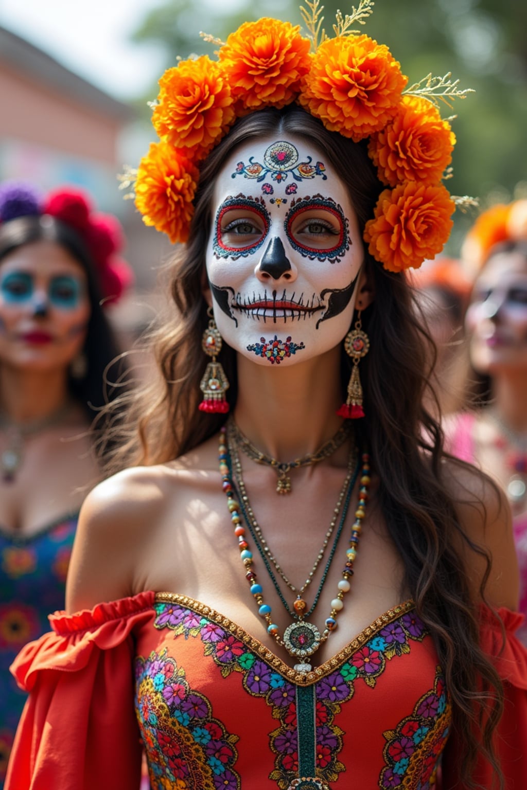 a woman in a colorful traditional dress with skull motifs , capturing their joyful energy during the celebrations, with sugar skulls and marigold decorations