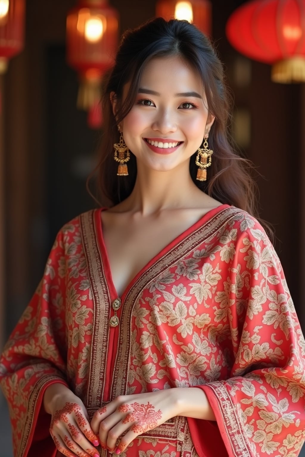 a woman in a modest yet fashionable Eid outfit , capturing their joyful energy during the end of Ramadan celebrations, with henna designs and festive decorations
