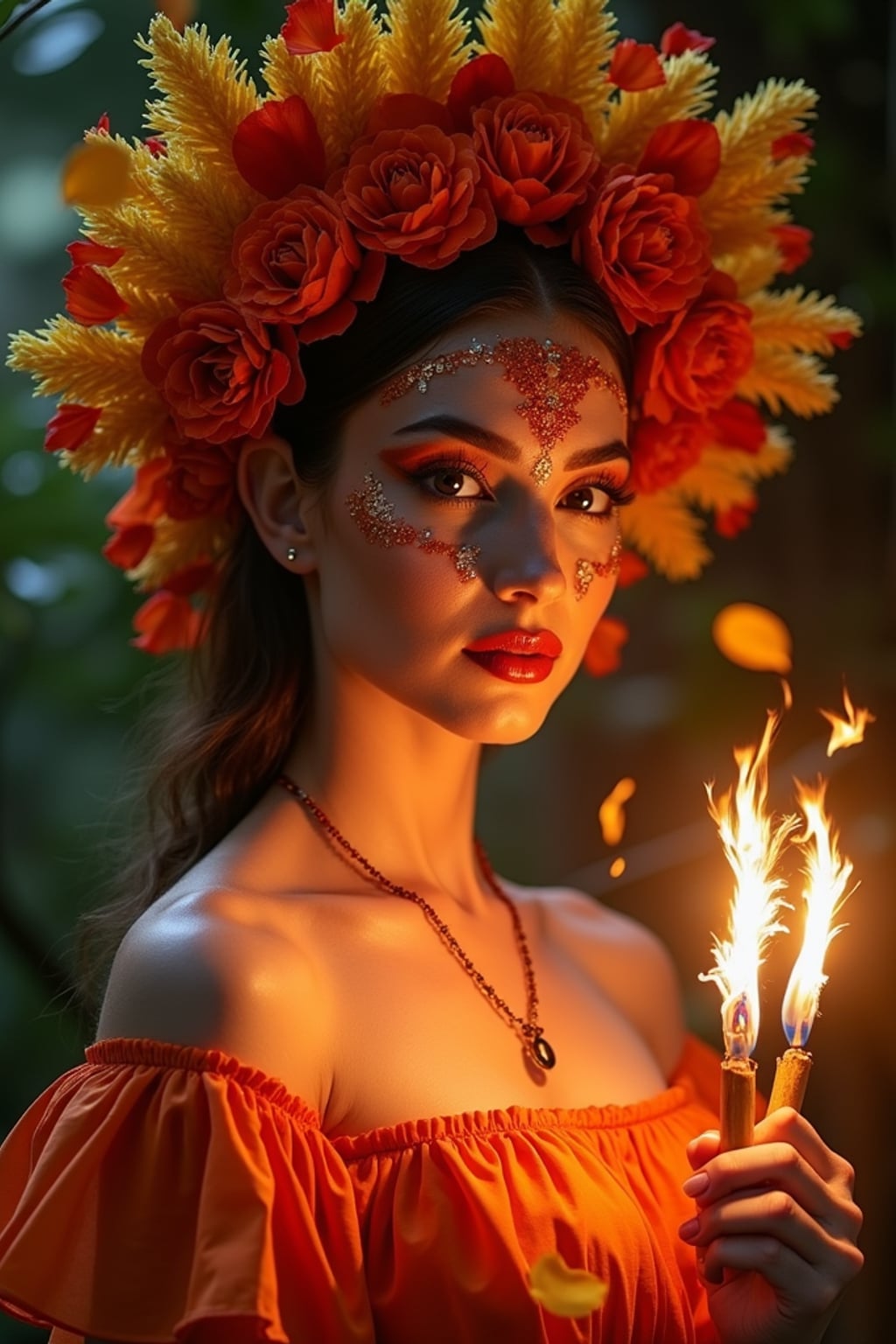 a woman in a vibrant Catrina costume with floral headdress , striking a pose with beautiful marigold petals and candlelight casting warm patterns