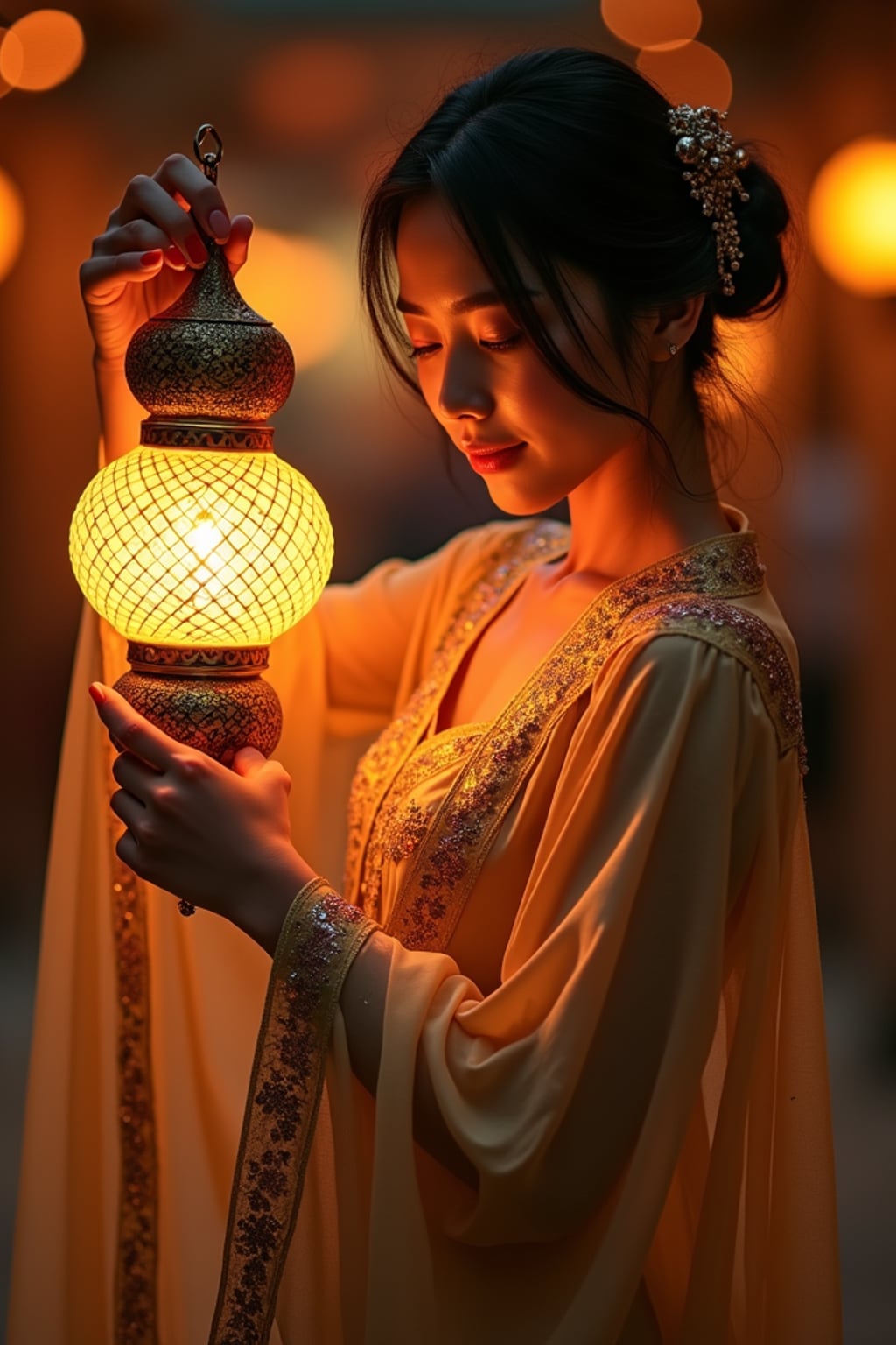 a woman in a flowing abaya with subtle sparkles , striking a pose with a beautiful Ramadan lantern casting intricate light patterns