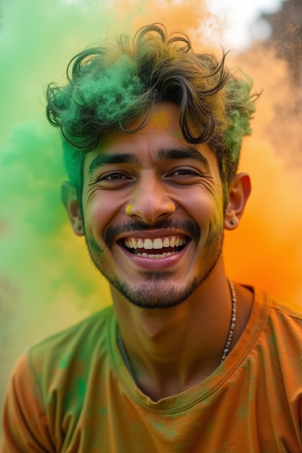a man with  a joyful expression as green and orange powders are thrown at them, adding a magical quality to their festival look, with colored powder explosions visible in the background