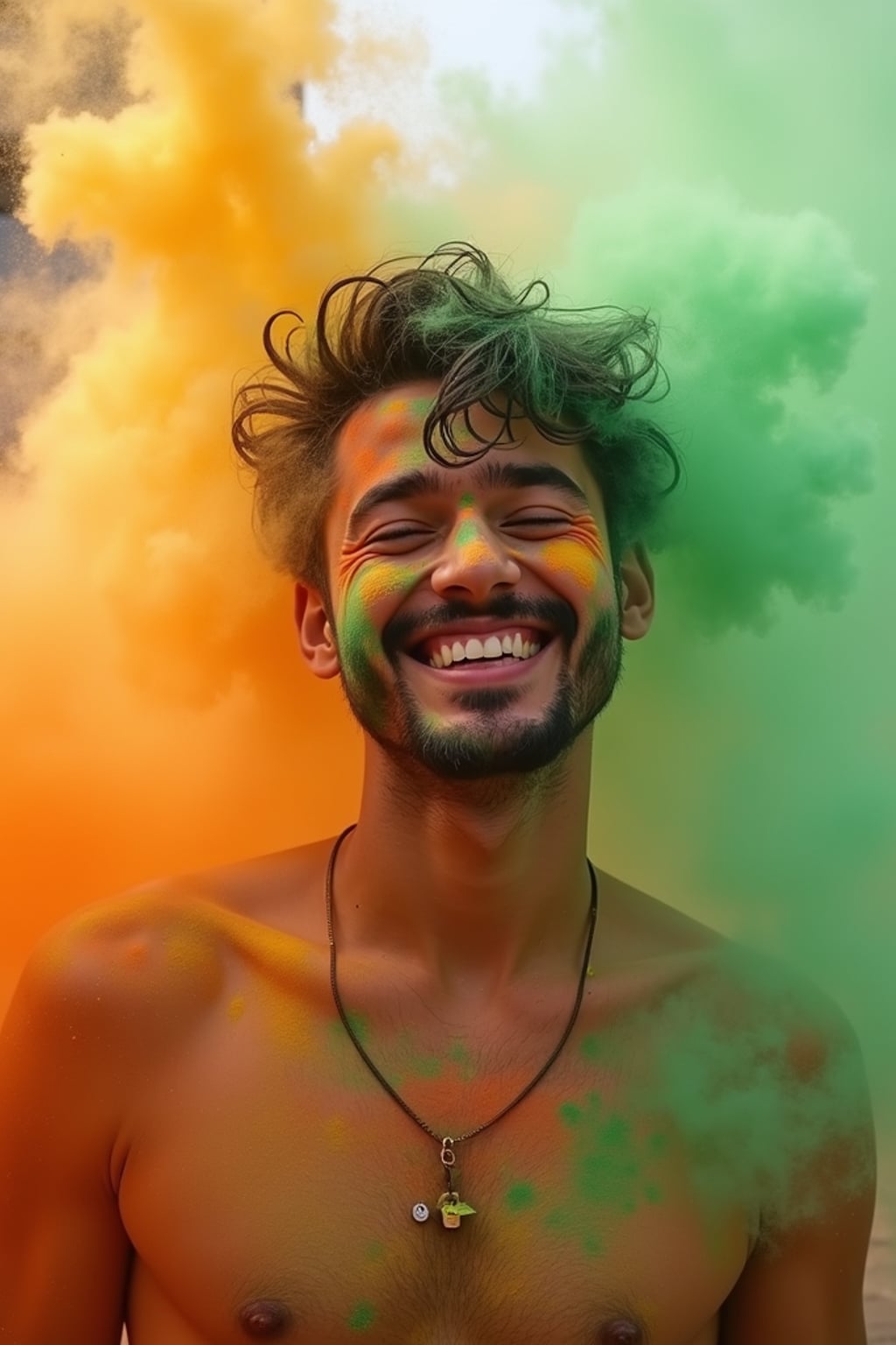 a man with  a joyful expression as green and orange powders are thrown at them, adding a magical quality to their festival look, with colored powder explosions visible in the background
