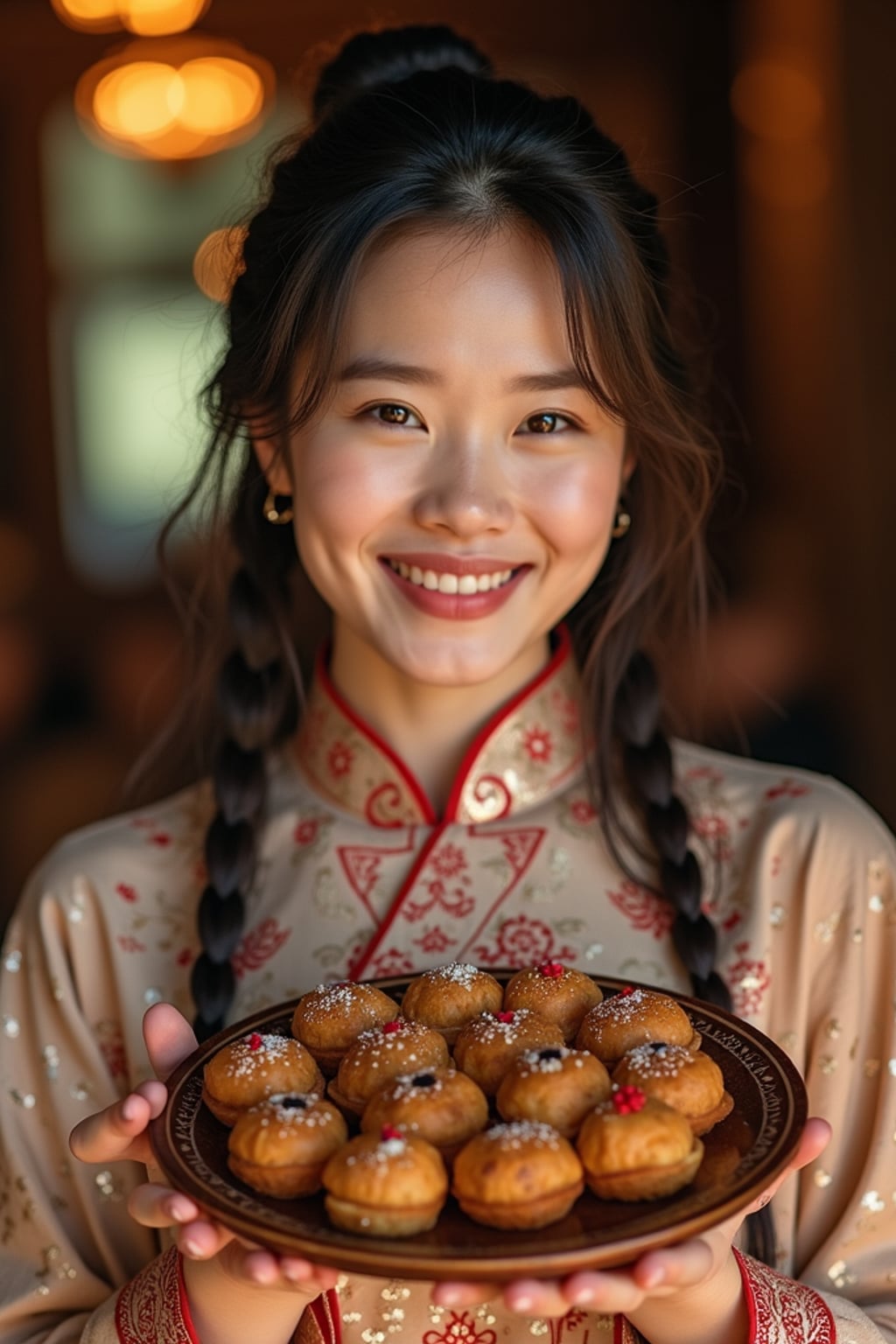 a woman in traditional attire during Ramadan, sharing homemade sweets with family , capturing the generous and community spirit of the holy month