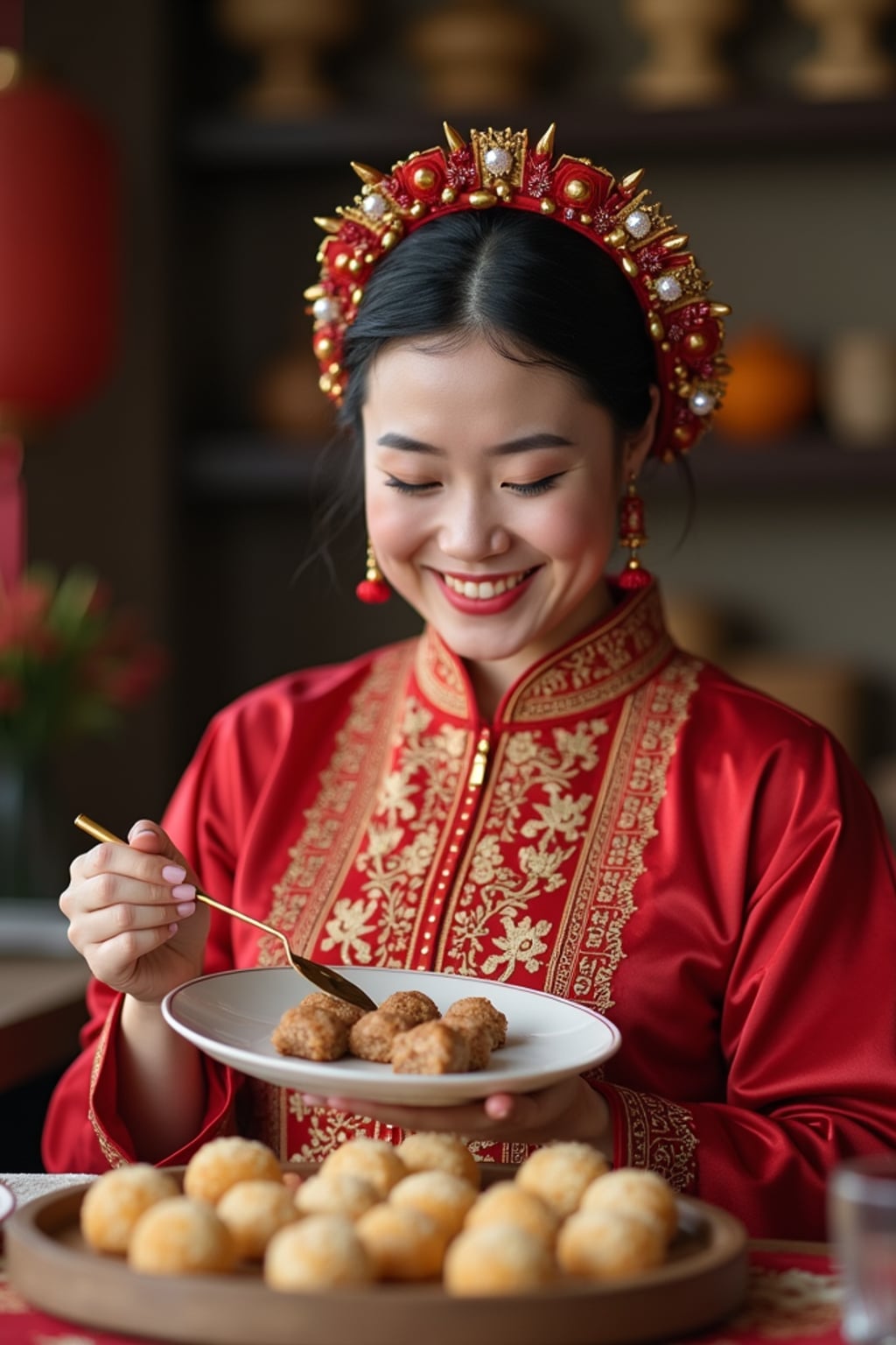 a woman in traditional attire during Ramadan, sharing homemade sweets with family , capturing the generous and community spirit of the holy month