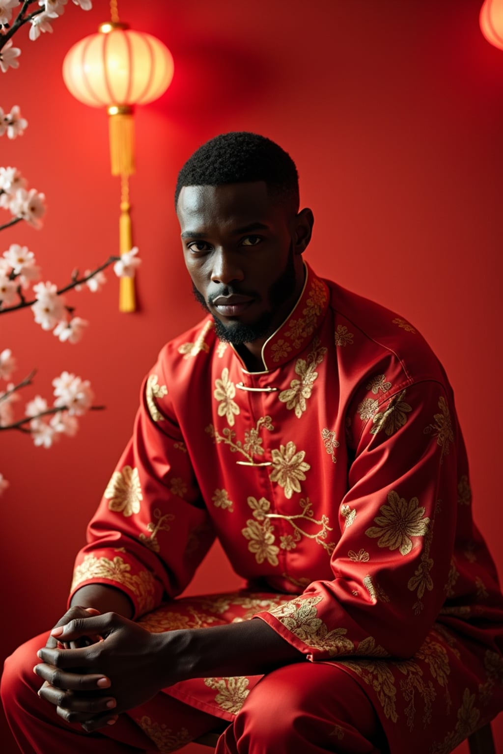 a stunning man with  a traditional look with modern touches, capturing the essence of Lunar Chinese New Year traditions in a room decorated with plum blossoms and paper-cut decorations